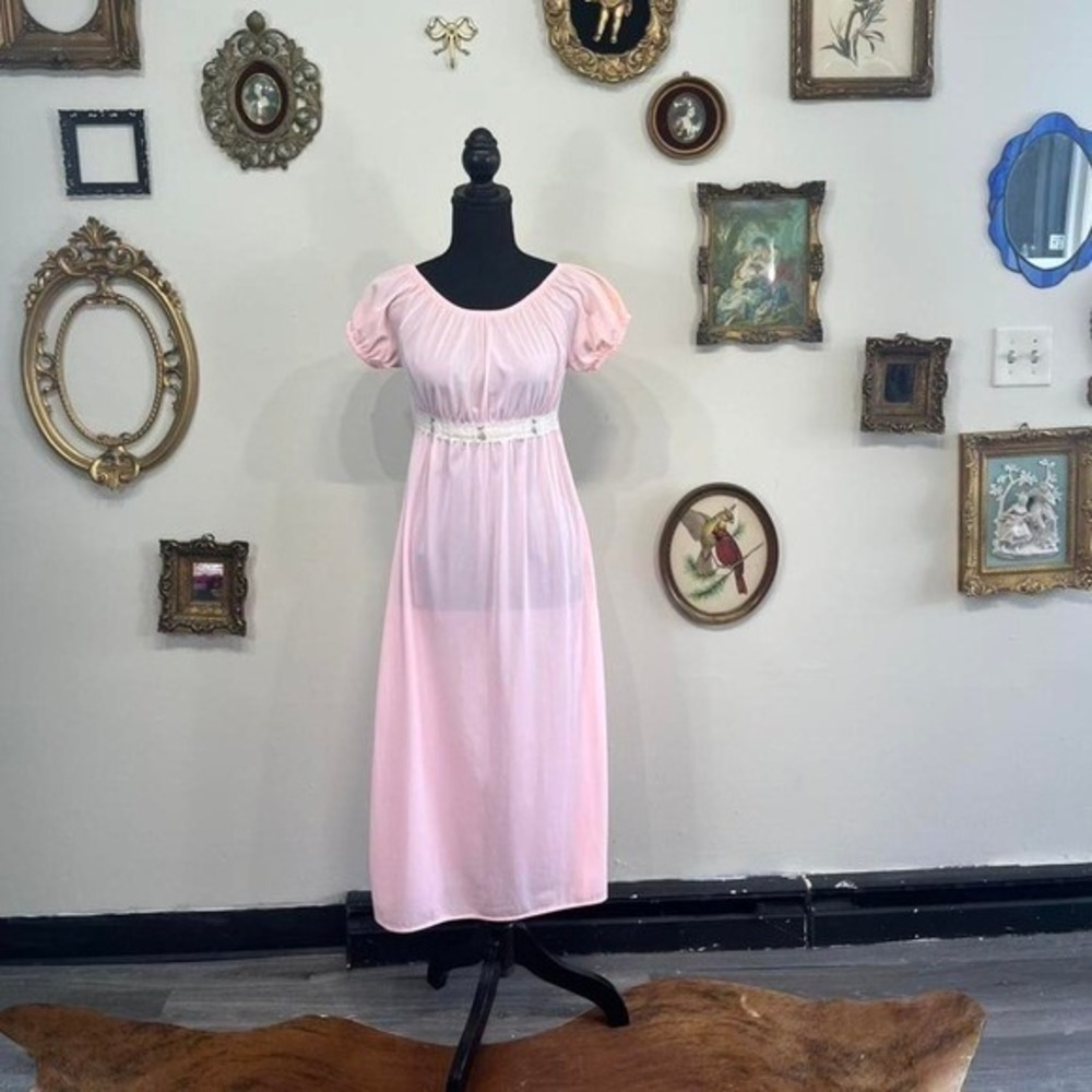 Vintage Y2K Pink Sheer Nylon Nightgown Puff Sleeve Empire Waist Lingerie Dress